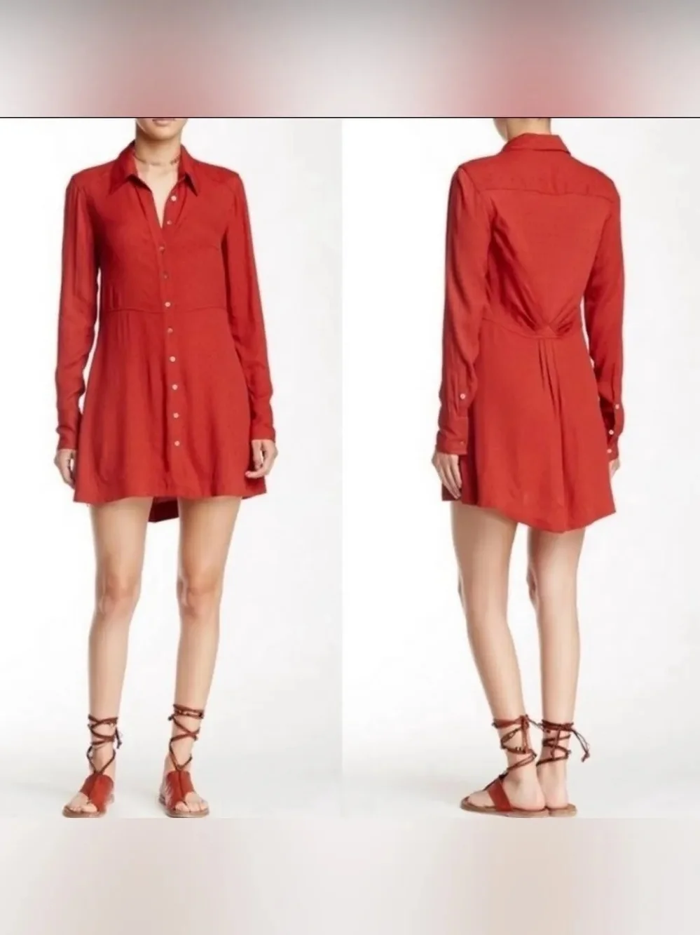 Free People Red Long-Sleeve Button Tunic Dress